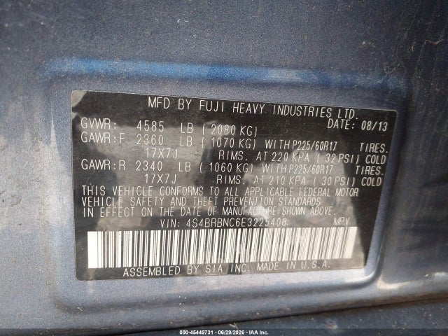 45449731 :رقم المزاد ، 4S4BRBNC6E3225408 vin ، 2014 Subaru Outback 2.5i Limited مزاد بيع