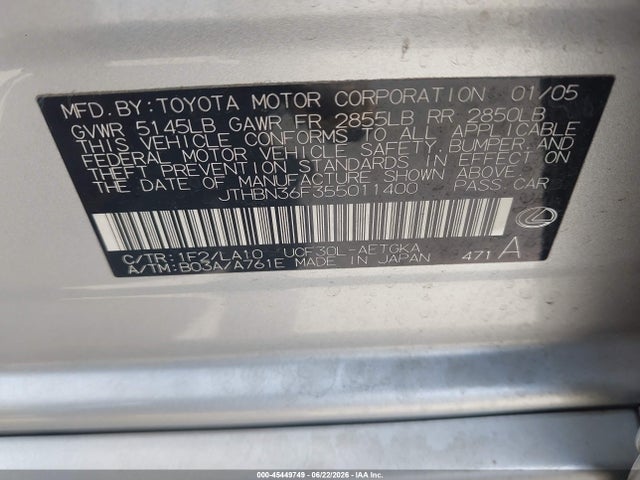 Aukcja sprzedaży 2005 Lexus Ls 430, vin: JTHBN36F355011400, numer aukcji: 45449749
