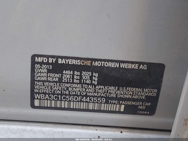 45449759 :رقم المزاد ، WBA3C1C56DF443559 vin ، 2013 Bmw 328i مزاد بيع
