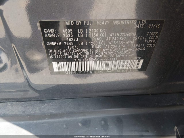 Subaru Outback 2.5i Limited 2016 4S4BSANC5G3281146 Image 9