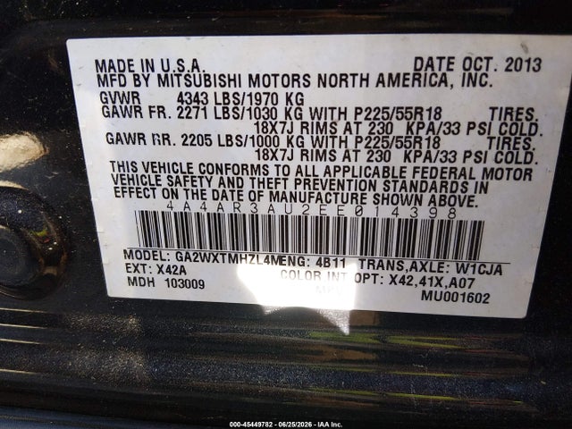Auction sale of the 2014 Mitsubishi Outlander Sport Es, vin: 4A4AR3AU2EE014398, lot number: 45449782