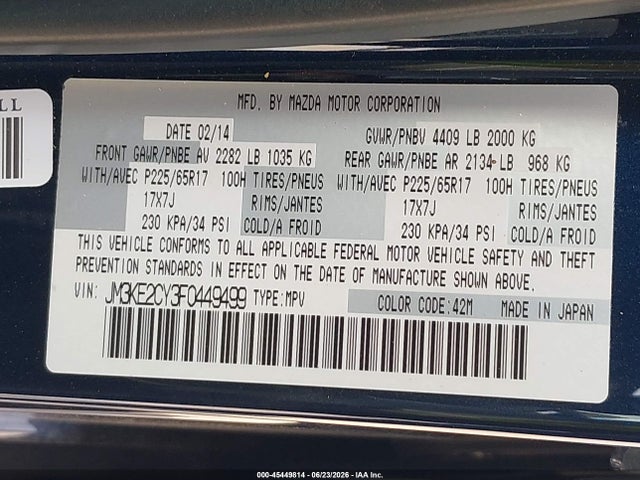 Продаж на аукціоні авто 2015 Mazda Cx-5 Touring, vin: JM3KE2CY3F0449499, номер лоту: 45449814