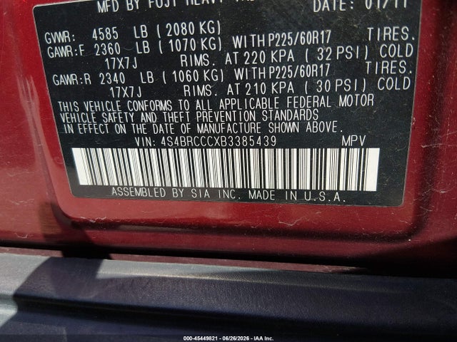Продаж на аукціоні авто 2011 Subaru Outback 2.5i Premium, vin: 4S4BRCCCXB3385439, номер лоту: 45449821