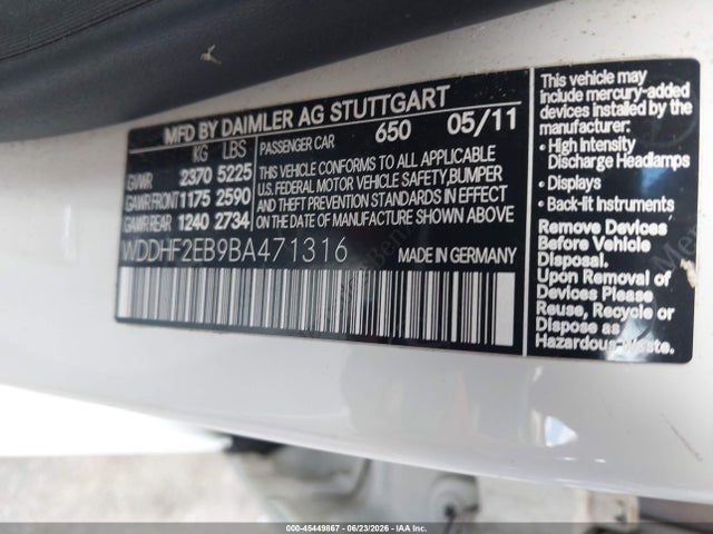 45449867 :رقم المزاد ، WDDHF2EB9BA471316 vin ، 2011 Mercedes-benz E 350 Bluetec مزاد بيع