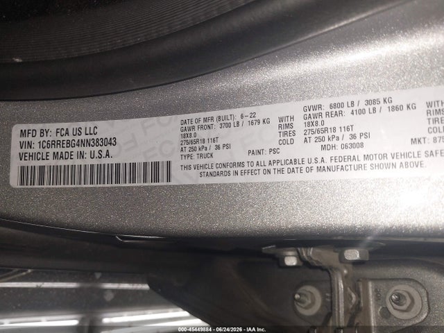 Auction sale of the 2022 Ram 1500 Lone Star  4x2 6'4 Box, vin: 1C6RREBG4NN383043, lot number: 45449884