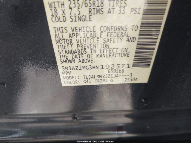 Nissan MURANO SL 2017 5N1AZ2MG3HN192571 Image 9