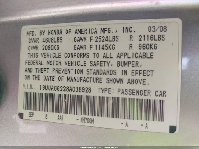 2008 Acura Tl 3.2 მანქანა იყიდება აუქციონზე, vin: 19UUA66228A038928, აუქციონის ნომერი: 45449903