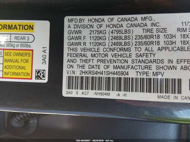 45449907 :رقم المزاد ، 2HKRS4H41SH445904 vin ، 2025 Honda Cr-v Ex Awd مزاد بيع