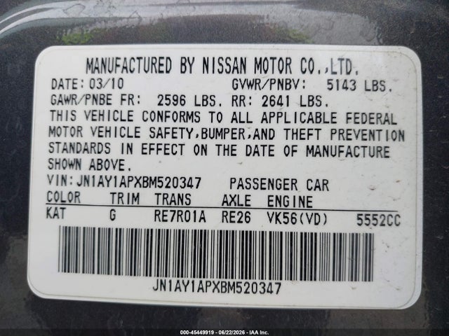 Продажа на аукционе авто 2011 Infiniti M56, vin: JN1AY1APXBM520347, номер лота: 45449919