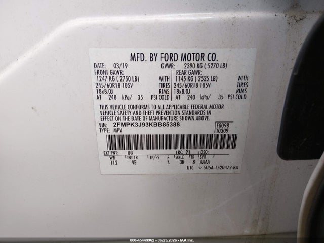 45449962 :رقم المزاد ، 2FMPK3J93KBB85388 vin ، 2019 Ford Edge Sel مزاد بيع