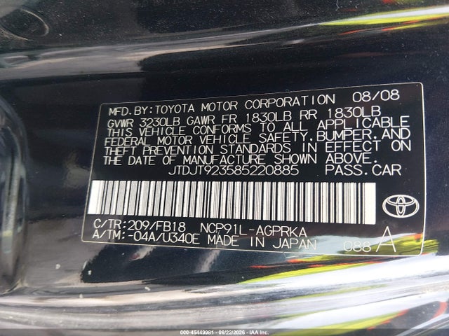 Aukcja sprzedaży 2008 Toyota Yaris, vin: JTDJT923585220885, numer aukcji: 45449981
