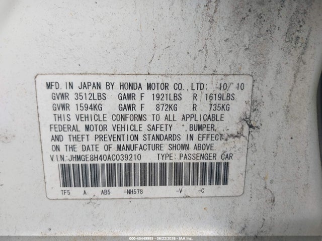 2010 Honda Fit Sport მანქანა იყიდება აუქციონზე, vin: JHMGE8H40AC039210, აუქციონის ნომერი: 45449988