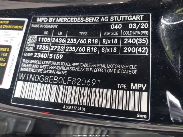 45449989 :رقم المزاد ، W1N0G8EB0LF820691 vin ، 2020 Mercedes-benz Glc 300 4matic مزاد بيع