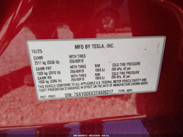 45450012 :رقم المزاد ، 7SAYGDEE3TA500217 vin ، 2026 Tesla Model Y All-wheel Drive/long Range Launch Series/premium All-wheel Drive مزاد بيع