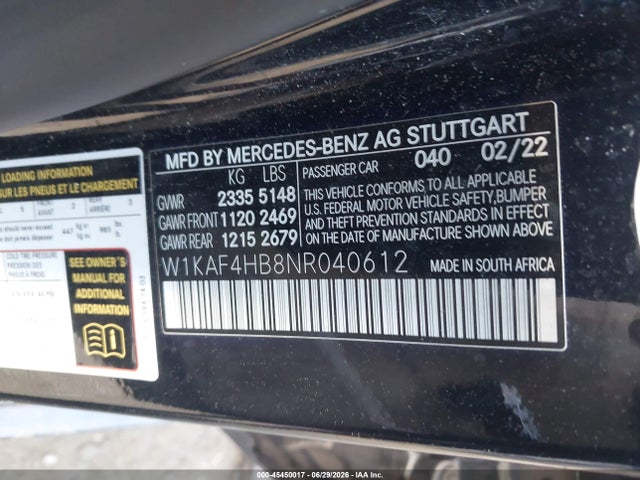 Продаж на аукціоні авто 2022 Mercedes-benz C 300 4matic, vin: W1KAF4HB8NR040612, номер лоту: 45450017
