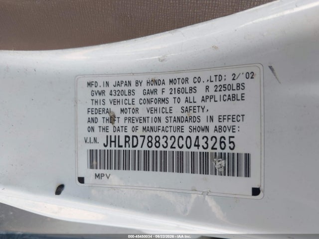 Auction sale of the 2002 Honda Cr-v Ex, vin: JHLRD78832C043265, lot number: 45450034