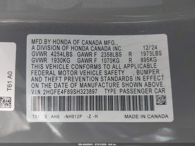 2HGFE4F89SH323897 Honda Civic Hybrid Sport/sport Touring