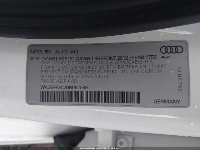 Продажа на аукционе авто 2016 Audi A6 2.0t Premium Plus, vin: WAUGFAFC2GN062269, номер лота: 45450044