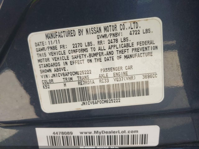 2012 Infiniti G37 Journey მანქანა იყიდება აუქციონზე, vin: JN1CV6AP0CM625222, აუქციონის ნომერი: 45450046