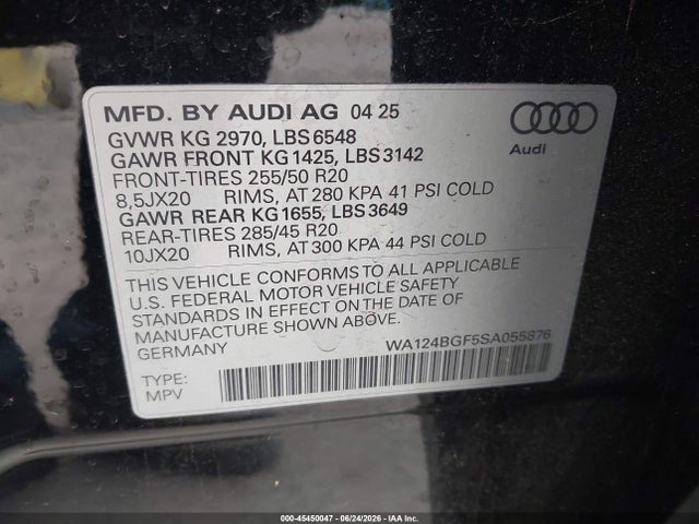 Aukcja sprzedaży 2025 Audi Q6 E-tron Premium Plus Quattro, vin: WA124BGF5SA055876, numer aukcji: 45450047