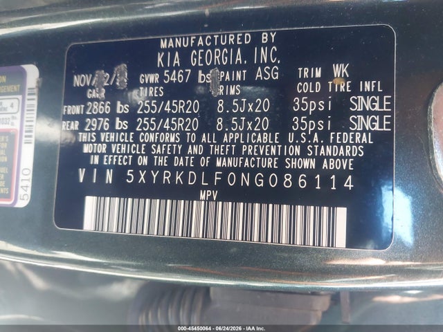 45450064 :رقم المزاد ، 5XYRKDLF0NG086114 vin ، 2022 Kia Sorento X-line Sx Prestige مزاد بيع