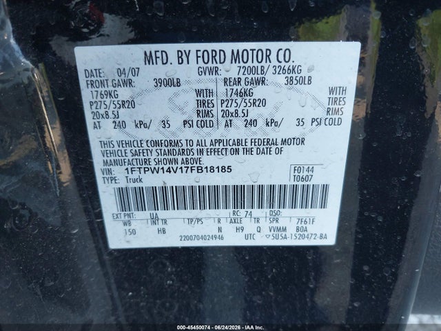45450074 :رقم المزاد ، 1FTPW14V17FB18185 vin ، 2007 Ford F-150 Fx4/lariat/xlt مزاد بيع