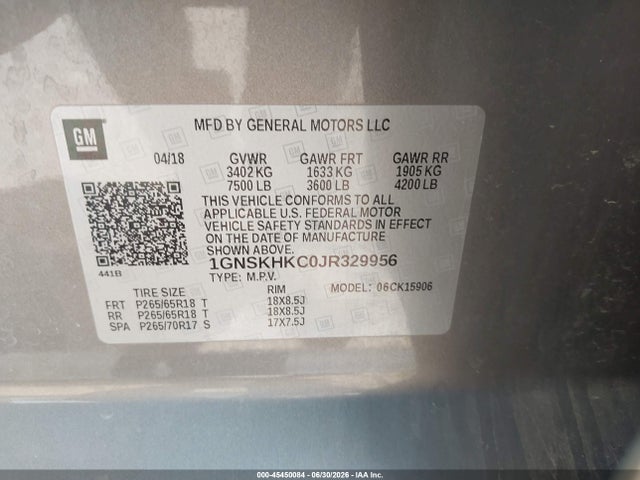 45450084 :رقم المزاد ، 1GNSKHKC0JR329956 vin ، 2018 Chevrolet Suburban Lt مزاد بيع