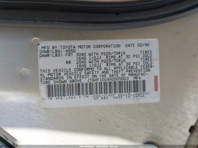 Aukcja sprzedaży 1999 Lexus Rx 300, vin: JT6HF10U4X0005603, numer aukcji: 45450087