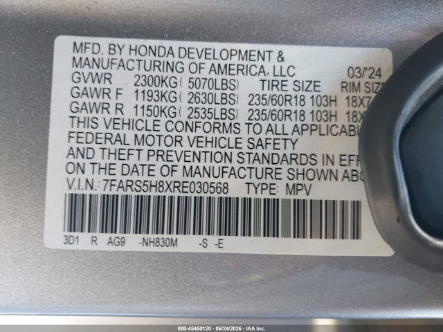 2024 Honda Cr-v Hybrid Sport-l მანქანა იყიდება აუქციონზე, vin: 7FARS5H8XRE030568, აუქციონის ნომერი: 45450120