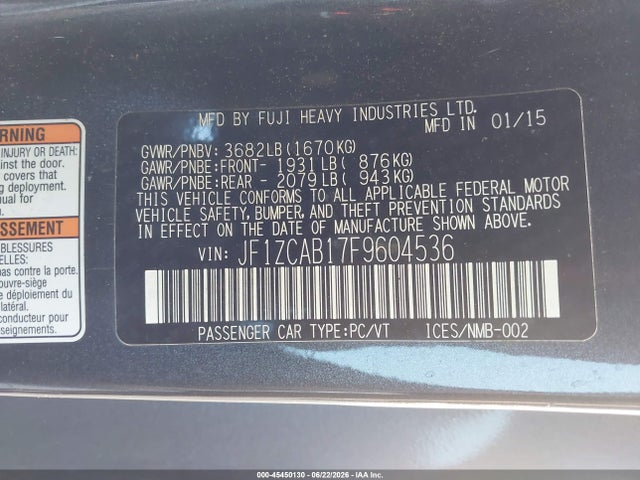 Aukcja sprzedaży 2015 Subaru Brz Premium, vin: JF1ZCAB17F9604536, numer aukcji: 45450130
