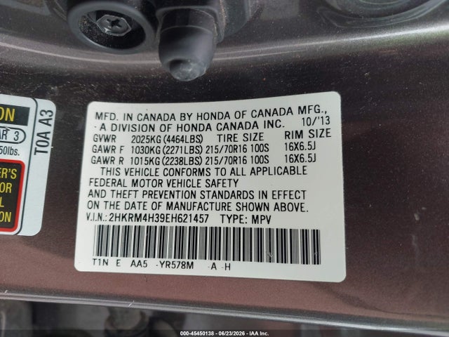 45450138 :رقم المزاد ، 2HKRM4H39EH621457 vin ، 2014 Honda Cr-v Lx مزاد بيع