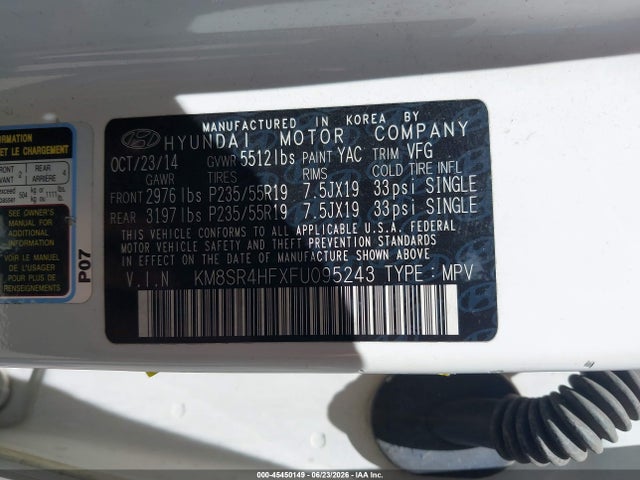 Продаж на аукціоні авто 2015 Hyundai Santa Fe Limited, vin: KM8SR4HFXFU095243, номер лоту: 45450149