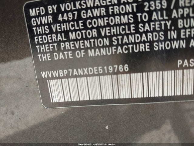 2013 Volkswagen Cc 2.0t Sport მანქანა იყიდება აუქციონზე, vin: WVWBP7ANXDE519766, აუქციონის ნომერი: 45450151