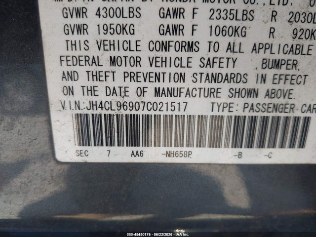2007 Acura Tsx მანქანა იყიდება აუქციონზე, vin: JH4CL96907C021517, აუქციონის ნომერი: 45450176