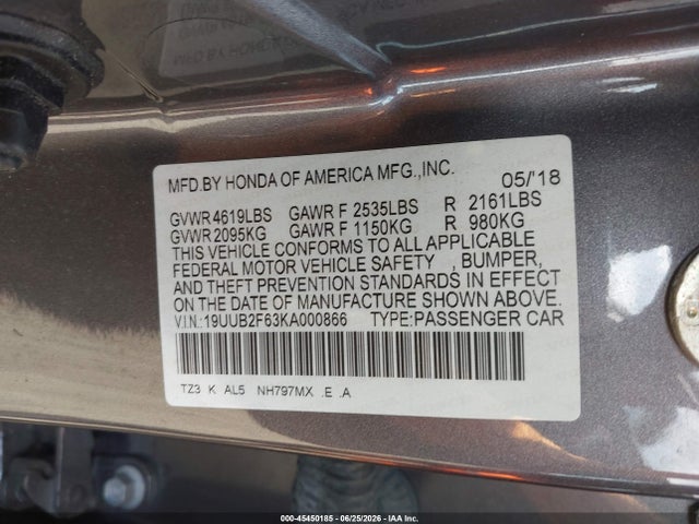2019 Acura Tlx მანქანა იყიდება აუქციონზე, vin: 19UUB2F63KA000866, აუქციონის ნომერი: 45450185