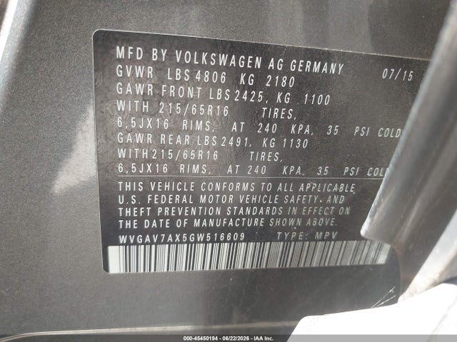 Aukcja sprzedaży 2016 Volkswagen Tiguan S, vin: WVGAV7AX5GW516609, numer aukcji: 45450194