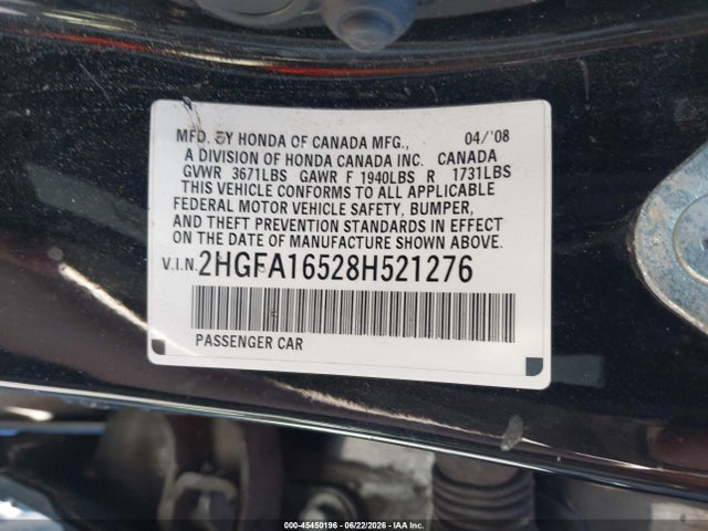 2008 Honda Civic Lx მანქანა იყიდება აუქციონზე, vin: 2HGFA16528H521276, აუქციონის ნომერი: 45450196