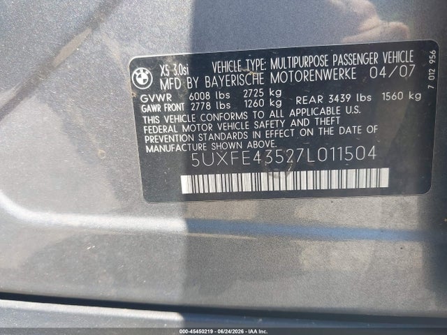 45450219 :رقم المزاد ، 5UXFE43527L011504 vin ، 2007 Bmw X5 3.0si مزاد بيع