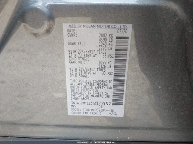 Продаж на аукціоні авто 2020 Nissan Rogue S Fwd, vin: 5N1AT2MT1LC814037, номер лоту: 45450220