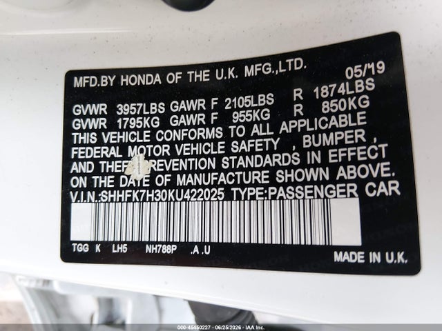 45450227 :رقم المزاد ، SHHFK7H30KU422025 vin ، 2019 Honda Civic Lx مزاد بيع