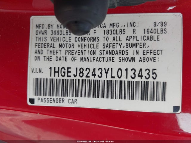 Продажа на аукционе авто 2000 Honda Civic Ex, vin: 1HGEJ8243YL013435, номер лота: 45450246