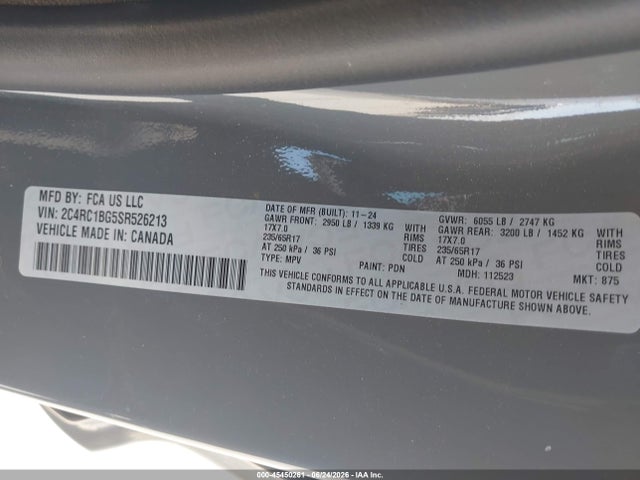 Auction sale of the 2025 Chrysler Pacifica Select, vin: 2C4RC1BG5SR526213, lot number: 45450261