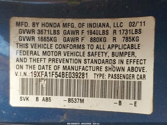 45450278 :رقم المزاد ، 19XFA1F54BE039281 vin ، 2011 Honda Civic Lx مزاد بيع