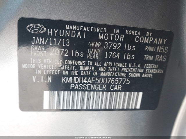 Auction sale of the 2013 Hyundai Elantra Gls, vin: KMHDH4AE5DU765775, lot number: 45450282