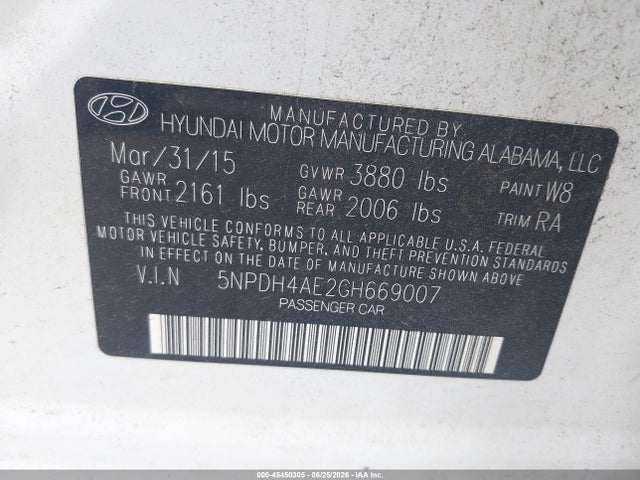 2016 Hyundai Elantra Limited მანქანა იყიდება აუქციონზე, vin: 5NPDH4AE2GH669007, აუქციონის ნომერი: 45450305