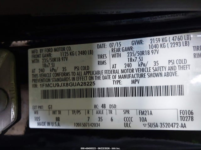 Auction sale of the 2016 Ford Escape Titanium, vin: 1FMCU9JX8GUA28225, lot number: 45450323
