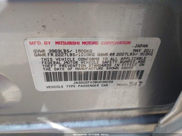 Aukcja sprzedaży 2011 Mitsubishi Lancer Es, vin: JA32U2FU3BU038058, numer aukcji: 45450349