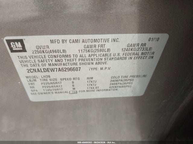 45450353 :رقم المزاد ، 2CNALDEW7A6296607 vin ، 2010 Chevrolet Equinox Lt مزاد بيع
