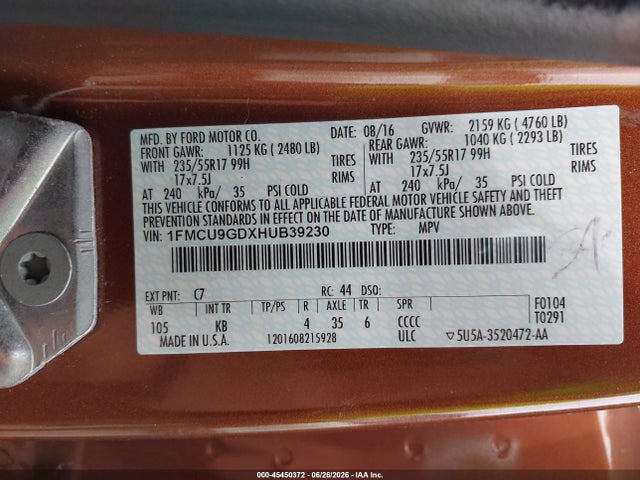 45450372 :رقم المزاد ، 1FMCU9GDXHUB39230 vin ، 2017 Ford Escape Se مزاد بيع