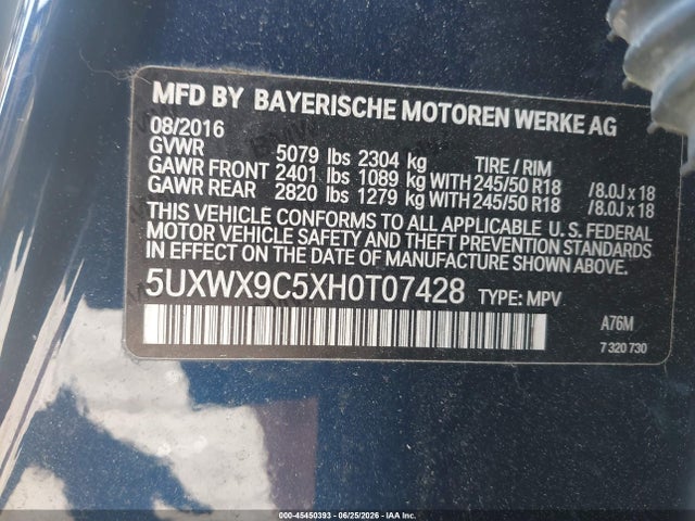 45450393 :رقم المزاد ، 5UXWX9C5XH0T07428 vin ، 2017 Bmw X3 Xdrive28i مزاد بيع